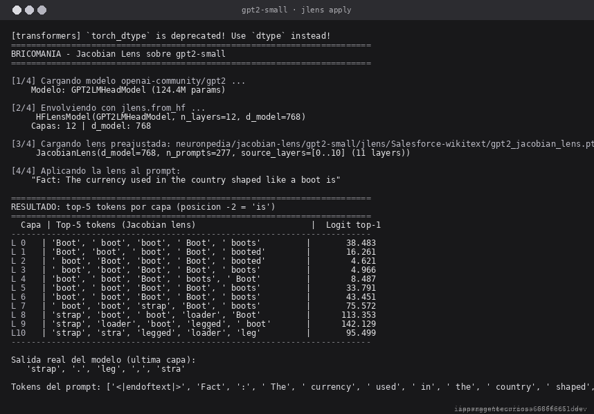 Salida real verificada de la ejecucion del script sobre gpt2-small.